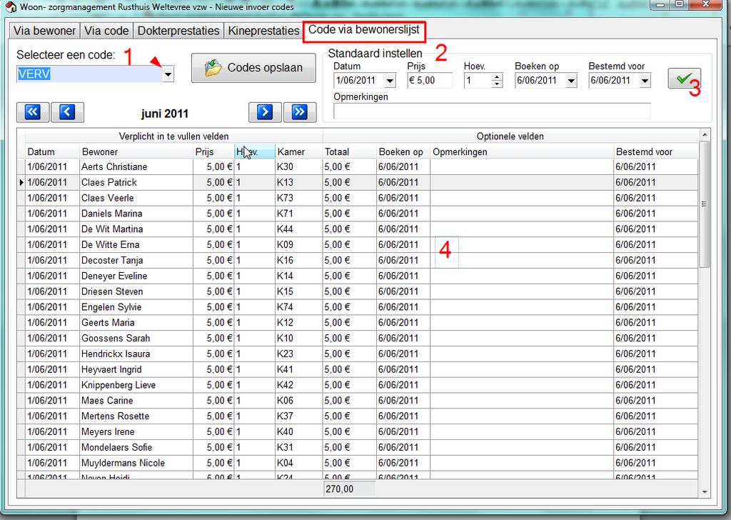 5. Ingave facturen 5.5 Code via bewonerslijst Op een eenvoudige manier kan je lijsten aanmaken met éénzelfde code. 1. Selecteer de code bv.vervoer 2.