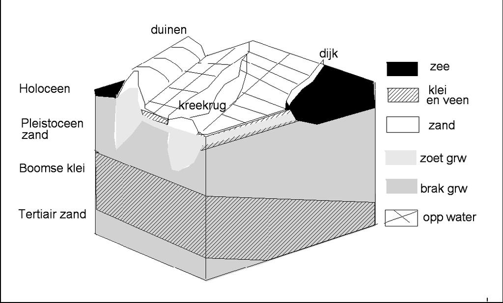 Figuur 3.4 In geval van een zandige Holocene laag zijn soms plaatselijk volumes zoet grondwater ontstaan, met een zekere uitgestrektheid die tot tientallen meters diep kan reiken.