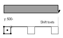 Beweeg de muis naar het referentiepunt aan de revealzijde (buitenkant) van de wand, tot het vinkje aan de cursor verschijnt, Toets x, (of y bij een verticale verplaatsing in de wand) Typ 500+, Druk