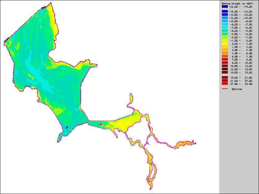 Figuur 4.20 Bodemligging van het IJsselmeer in WAQUA-IJVD modelschematisatie inclusief Vecht- en IJsseldelta. 4.6.1.