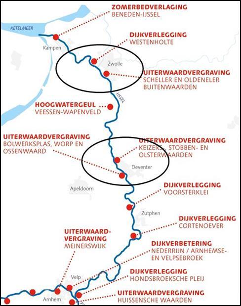 Figuur 4.4 Overzicht van Ruimte voor de Riviermaatregelen langs de IJssel (allen meegenomen in schematisatie). Tabel 4.