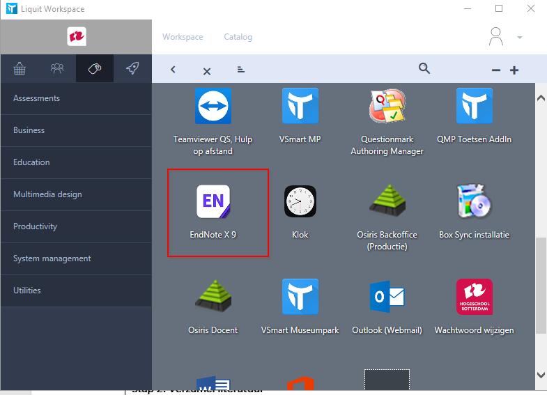 EndNote X9 en hoger Stap 1: Installeren Installeer EndNote op de hogeschool werkplek. NB Zorg ervoor dat Word niet openstaat Via Startmenu,Liquit, EndNote X.
