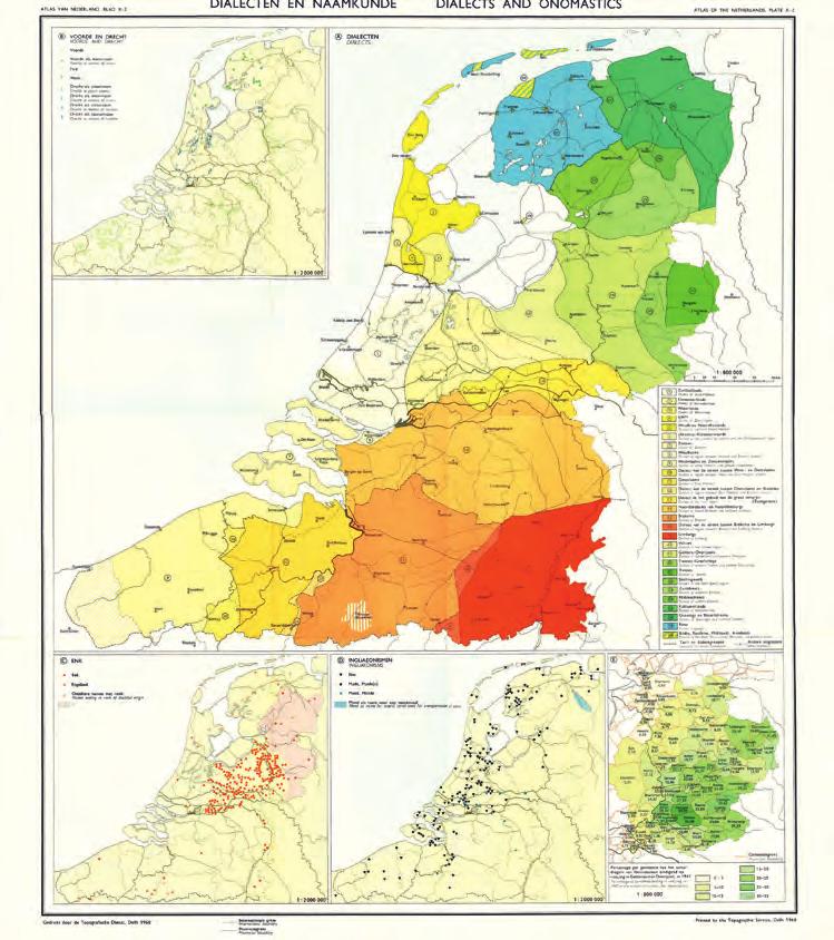11. De gezaghebbende indelingskaart van de Nederlandse dialecten die Jo Daan, hoofd van de afdeling Dialectologie van het Meertens Instituut, in 1969 tekende en die nog steeds wordt gehanteerd.