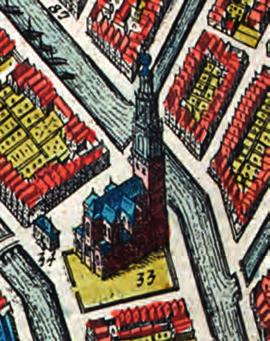 2. Detail van de plattegrond van Amsterdam met de Westerkerk Bij Amersfoort staat "twee Kercken, de eene groot en heerlijck gebouwt; de andere kleijner, doch met een treflijcke toorn versiert".