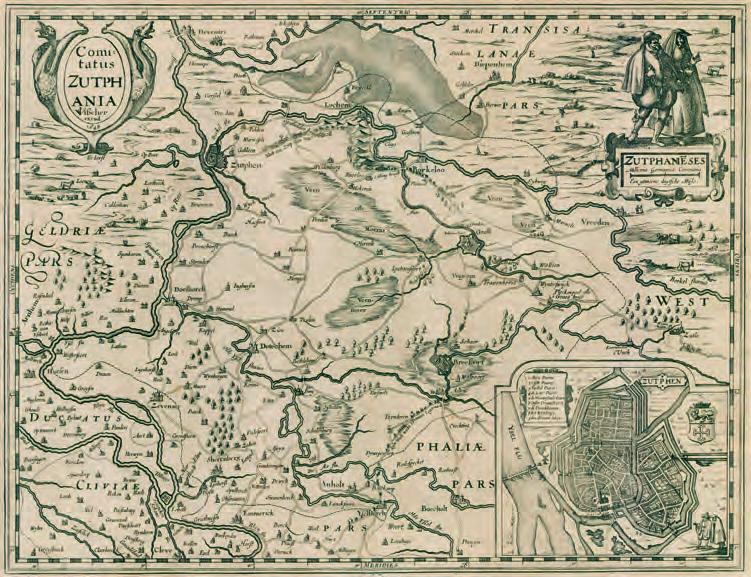 14. De jongste van de kaartfamilie uit 1648. Collectie auteur. gelijknamige graafschap, kreeg nu ook een plattegrondje. "De comvoywech van Zutphen nae t'leger" werd "Wech van Zutphen nae Groll.
