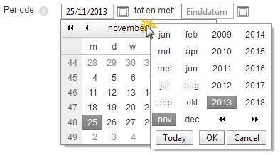 5.3 Kalender De kalender heeft een handige functie om een datum te selecteren die wat verder in de toekomst of in het verleden ligt. Klik op de maand, zodat een tweede pop-up tevoorschijn komt.