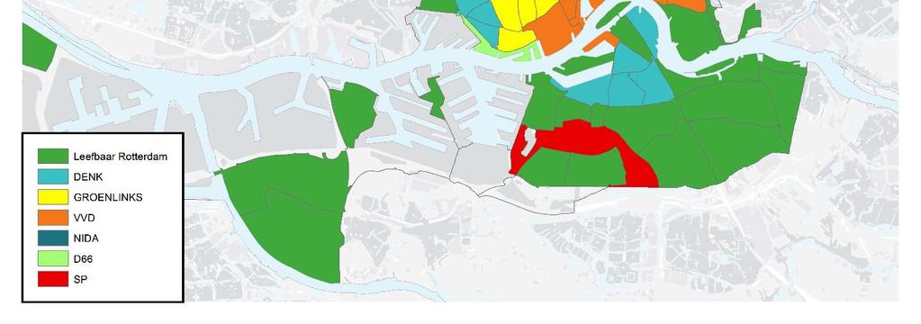 Op onderstaande kaart is per buurt aangegeven welke partij daar de meeste stemmen heeft behaald. Figuur 4.1: Grootste partij per buurt bij de gemeenteraadsverkiezingen in 2018.