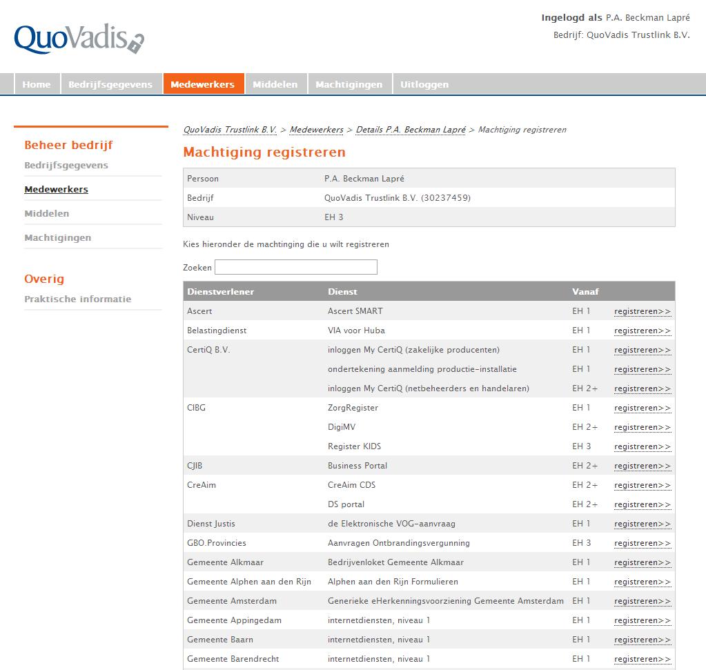 1.4.3 Machtiging registreren Via detailscherm medewerker kan op persoonsniveau een nieuwe machtiging geregistreerd worden.