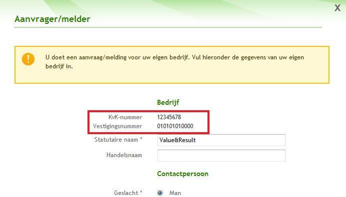 3.3.3 Toevoegen of wijzigen Aanvrager of Gemachtigde gegevens voor eigen bedrijf Bij zowel het toevoegen als ook het wijzigen van de eigen bedrijfsgegevens in de Aanvrager of Gemachtigde tab, zal aan