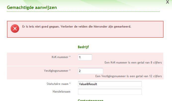 De waarde welke in het Vestigingsnummer veld ingevuld mag worden, moet een positief 12-cijferig getal zijn.