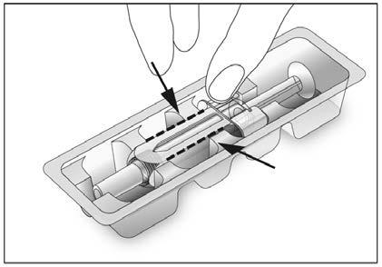 2. Open de blisterverpakking en neem de voorgevulde spuit uit de blisterverpakking (zie afbeelding 1). Pak de voorgevulde spuit niet vast aan de zuiger of aan de naaldbescherming.