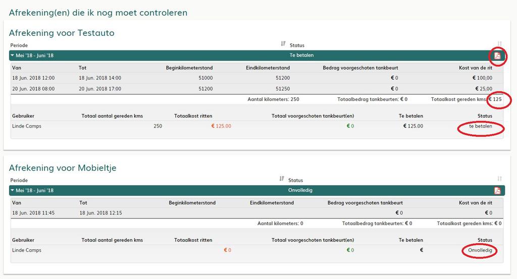 6.6 De afrekening Op basis van deze kilometerstanden en opgestuurde kosten, krijg je om de 2 maanden (in januari, maart, mei, juli, september en november) een mail toegestuurd met een overzicht van