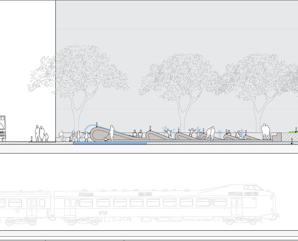 3. ONTWERP 3. ONTWERP 3.1 plankaart parkentree met fontein Met stevige kracht wordt het water over een breed oppervlak over het golvende beton gespoten.