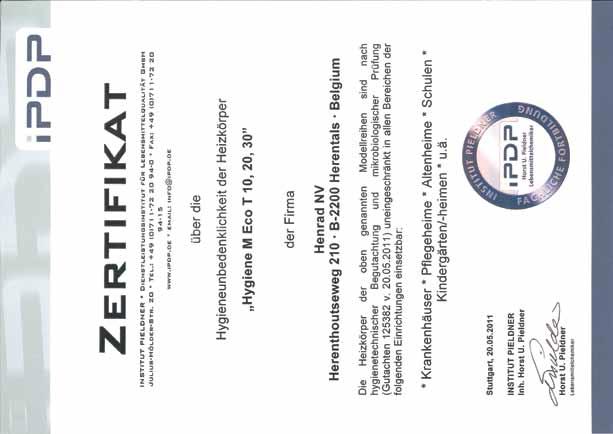 HYGIENE CERTIFICAAT (Hygiene ECO - T20) Voor een optimale reiniging en hygiëne EN442-CONFORMITEIT Henrad Radiatoren voldoen aan EN442, de enige geldige