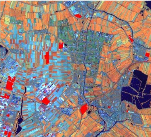 LGN6 landgebruiksveranderingen Satellietbeeld uit 2008 uit de omgeving van Boskoop met daarop in rood geprojecteerd de landgebruiksveranderingen tussen LGN5 en LGN6 voor de acht monitoringsklassen