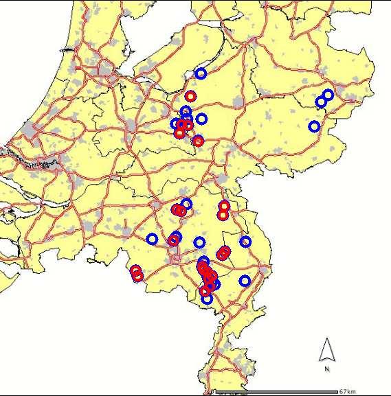 Figuur 3.5 Globale ligging clusters (rode clusters zijn knelpuntclusters) 3.5 Overzicht alle potentiële knelpunten In figuur 3.