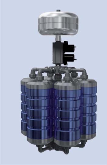 Componenten systeem grijswaterrecuperatie AQUALOOP Station Het AQUALOOP station vormt het platform waar de membranen, permeaatpomp, terugspoelpomp, het terugspoelreservoir en de surpressor kunnen op