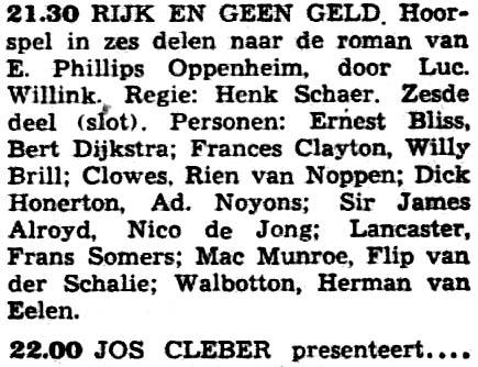 VARA zondag 14-02-1954 Brilstra en zijn bromvlieg, 20 (A.D. Hildebrand - Willy van Hemert) (39 delen) [17.30-17.50] > NL AVRO zondag 14-02-1954 Rijk en geen geld, 6 (E.