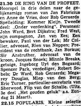 AVRO zondag 14-03-1954 De ring van de profeet, 2. Onder verdenking (Jan Fabricius en Anne de Vries - Kommer Kleijn) (3 delen) [21.30-22.