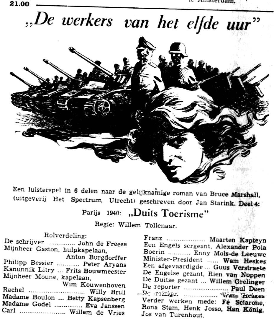 KRO zaterdag 27-03-1954 De werkers van het elfde uur, 4. Parijs 1940: Duits toerisme (Bruce Marshall - Willem Tollenaar) (6 delen) [21.00-21.