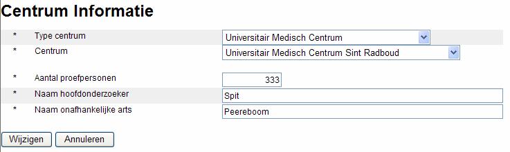 U kunt de gegevens wijzigen door de hyperlink van het deelnemende centrum aan te klikken, waarna het formulier opent. U kunt het centrum verwijderen door op het rode kruis te klikken. 3.