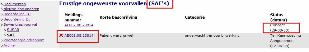 Om een nieuwe SAE te kunnen melden, dient u, na het inloggen op ToetsingOnline, het dossier te openen door het betreffende dossiernummer te selecteren.