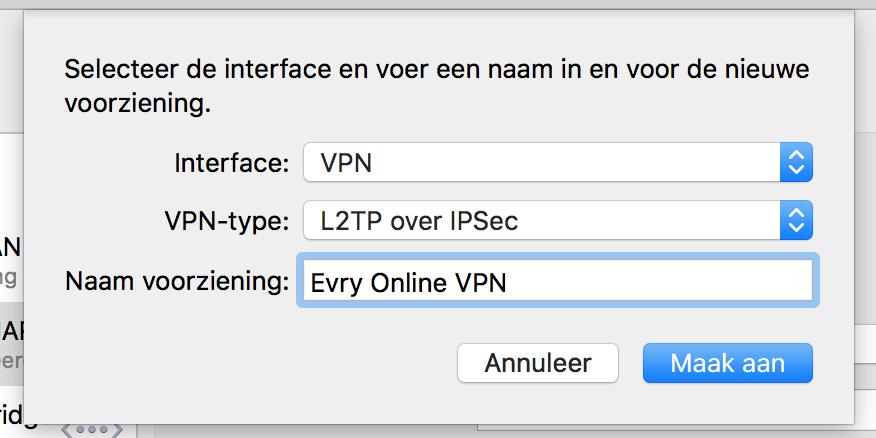STAP 3: INTERFACEGEGEVENS Selecteer bij Interface VPN Selecteer bij VPN Type L2TP over IPSec. Vul bij Naam voorziening Evry Online VPN in.