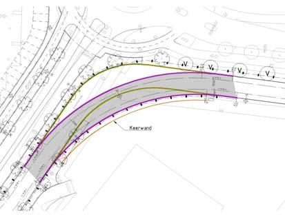 De boog bij de rotonde Aristoteleslaan bij kilometrering 0.349. Paars met grijsraster: boogverbreding ten behoeve van vertramming. Groen: boog busbaan.