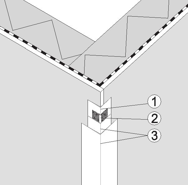 Inspringende hoeken - Voegmateriaal gelijktijdig op beide muurvlakken aanbrengen met behulp van een hoektroffel. - De voegband aanbrengen zoals hierboven beschreven.
