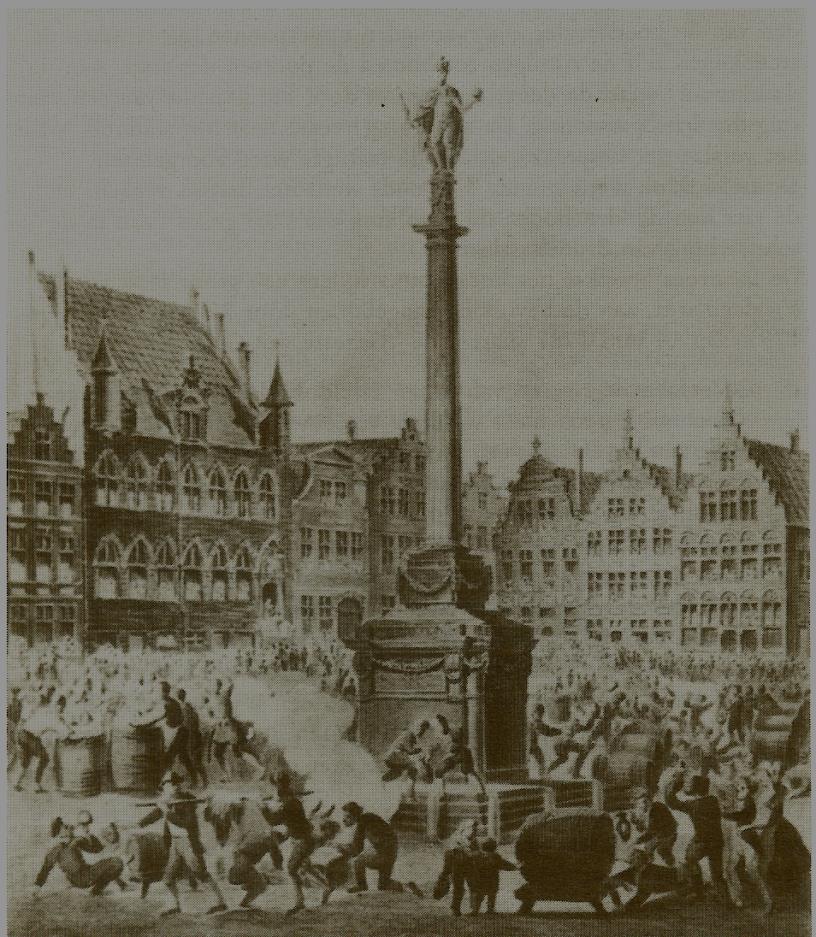 de stalleke gezet op de Vrijdagmarkt op een totale hoogte van 12meter. Dit was het 1 ste standbeeld op de Vrijdagmarkt dit naar aanleiding van de Blijde intrede van Albrecht en Isabella in onze stad.
