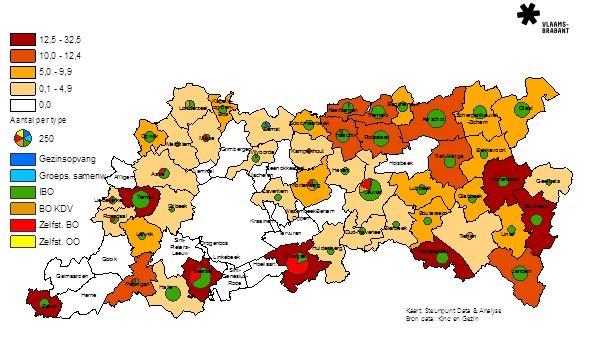 2.2 BUITENSCHOOLSE KINDEROPVANG Indicator: Aantal plaatsen (%) per 100 kinderen van 3-11 jaar (Vergunning/attest van toezicht/erkenning van Kind & Gezin) 30 punten: Affligem Linkebeek Holsbeek Bertem