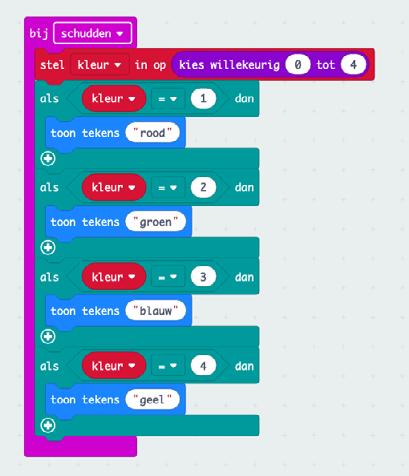 Stap 1 Bouw deze code in je editor en zet het op twee verschillende micro:bits. Zet dit op de eerste: Stap 2 Lees wat er staat. Stel de kleur willekeurig in op één van de vier opties.