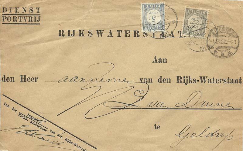 Portvrijdom voorbedrukte dienstenveloppe van het dienstkringhoofd te Eindhoven (J.Th.M. Smelt 1/5/1911-1/6/1938) aan zijn aannemer 11/10/1922 met port belast 30 cent.