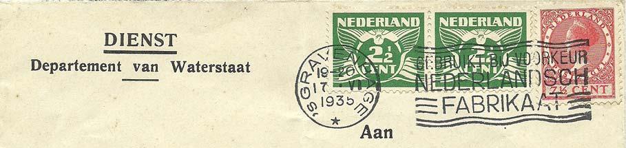 Gefrankeerd poststuk van de ingenieur in de Directie Wegenverbetering (nr. 824) naar Düsseldorf (17/6/1935); tarief 12½ cent volgens de eerste gewichtsklasse vanaf november 1928).