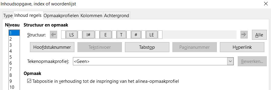 Als de optie Overzicht ook geselecteerd is, zullen de extra opmaakprofielen in de inhoudsopgave worden opgenomen, samen met degene die in de overzichtsnummering zijn gedefinieerd.