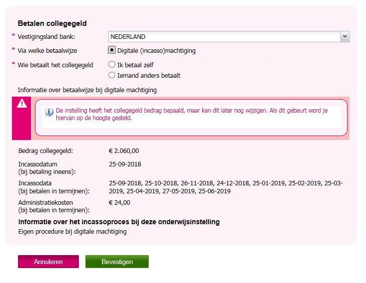 Stap 2: Selecteer het vestigingsland van je bank. Wat je nu in Studielink te zien krijgt is afhankelijk van het feit of het vestigingsland van jouw bank binnen het SEPA-gebied valt of erbuiten.