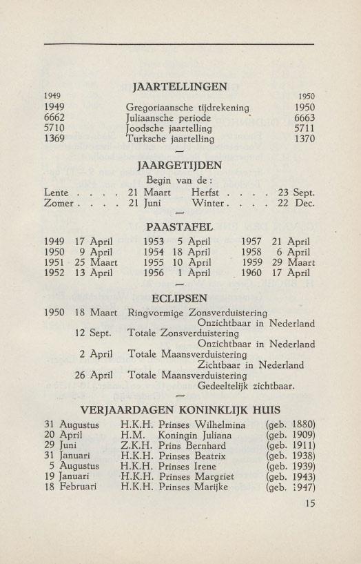 1949 1949 6662 5710 1369 JAARTELLINGEN Gregoriaansche tijdrekening [uliaansche periode Joodsche jaartelling Turksche jaartelling 1950 1950 6663 5711 1370 Lente. Zomer.