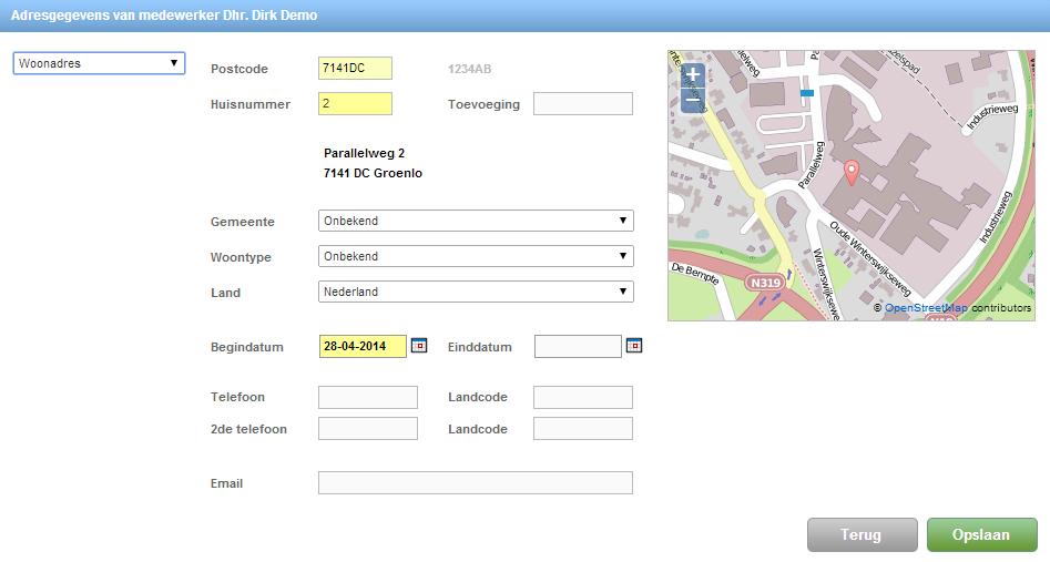 Gegevens invoeren In het voorbeeld zijn het type adres, de postcode, het huisnummer en de begindatum ingevuld.