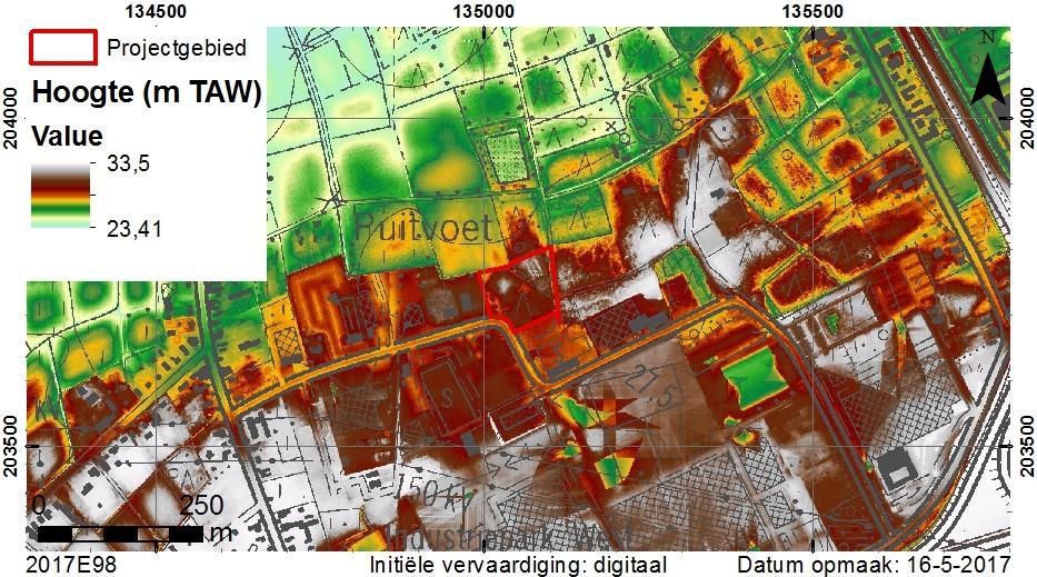 Fig. 6. Situering op de topografische kaart en het DHM (AGIV WMS; GDI-Vlaanderen 2016). Fig. 7. Terreinprofiel (N-Z). 2.2.1.3.
