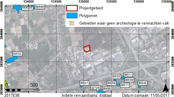 Fig. 21. Situering op de CAI (GDI-Vlaanderen 2017b). Ten westen van het projectgebied werden verschillende scherven handgevormd aardewerk uit de late ijzertijd aangetroffen (CAI32632).