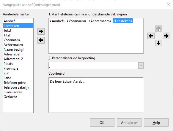 Een voorbeeld: 1. Klik op de knop Nieuw naast de keuzelijst Man. Het dialoogvenster Aangepaste aanhef (ontvanger man) opent (zie Afbeelding 31