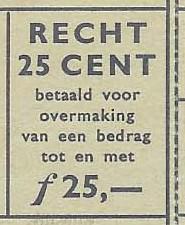>Afbeelding 3: een postwisselformulier uit 1957, een postwaardestuk met een tekst die het betaalde recht aanduidt Afbeelding 3a: RECHT 25 CENT betaald voor overmaking van een bedrag tot en met f 25,-
