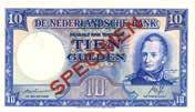 229. Nederland. 10 gulden. Bankbiljet/Specimen. Type 1945II. - UNC. (Alm. 46-2). Serienummer 2AH795852. PL43.S3. - UNC. 800,- 233. Nederland. 25 gulden. Bankbiljet/Specimen. Type 1971. - Prachtig +.