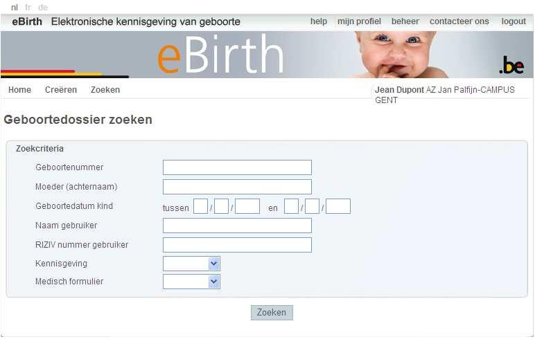 6 Opzoeken van een geboortedossier U kunt een opzoeking verrichten in de geboortedossiers door te klikken op de knop Zoeken in het menu.