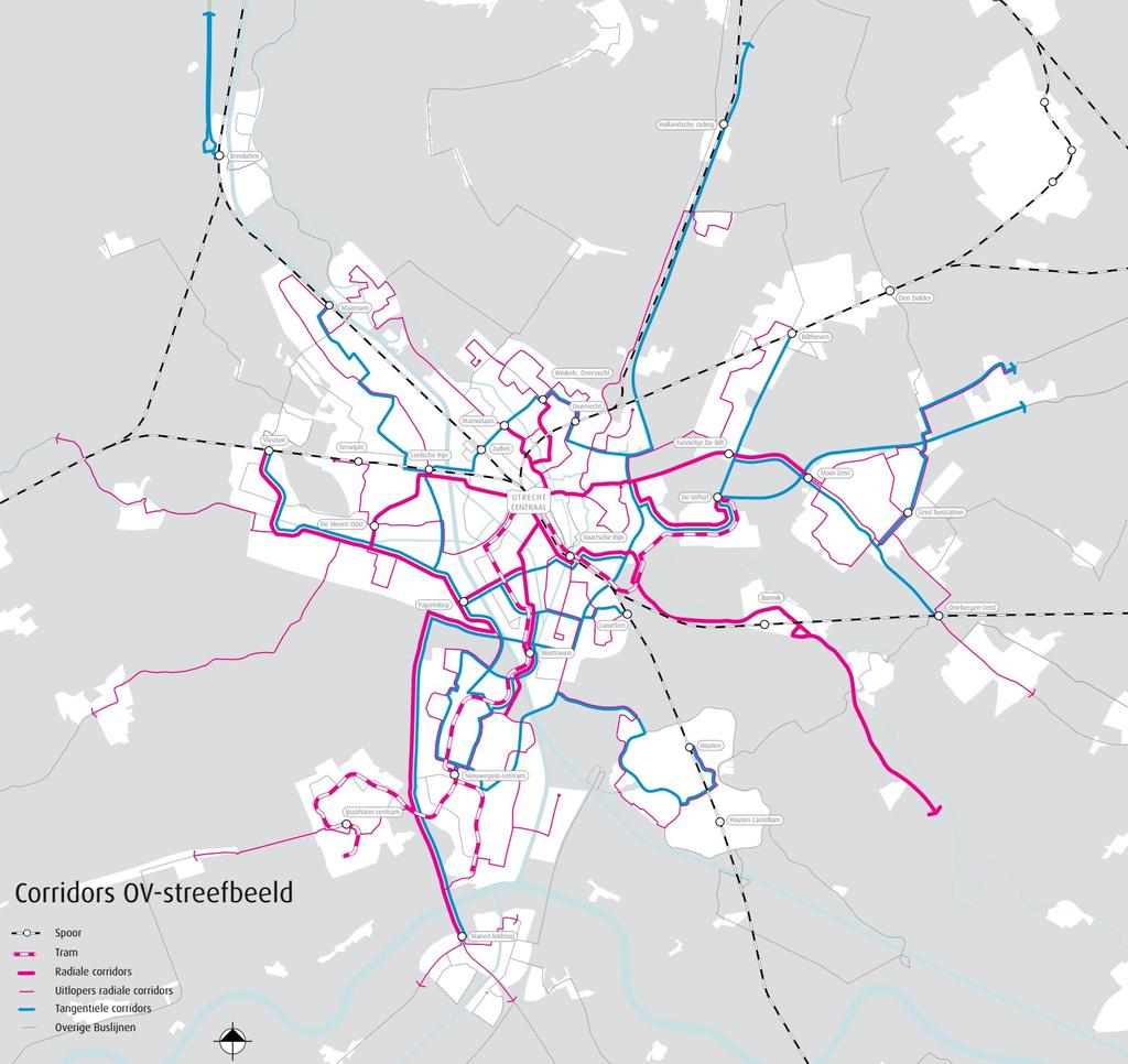 Figuur 5: Netwerk van radiale en tangentiële corridors, OV Streefbeeld 2020 1. Geen uitgebreid railnetwerk: tram of metro 2. Eén volwaardig IC knooppunt: Utrecht CS 3.