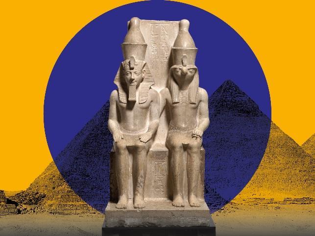 Factsheet Persfoto s en bijschriften Campagnebeeld Goden van Egypte Ontwerp: Studio Dumbar, Rotterdam Farao Horemheb en valkgod Horus Kalksteen; h. 152 cm.
