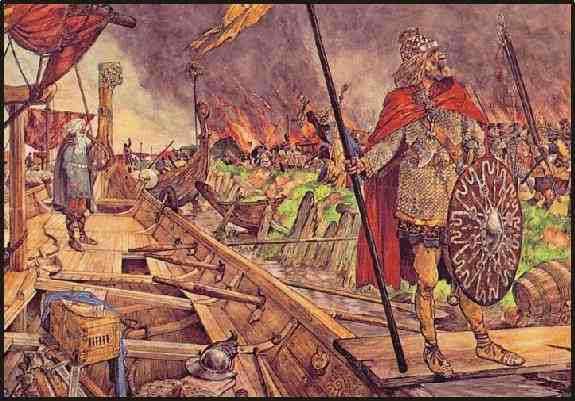 Vikingen vallen Dorestad aan (schoolplaat van Isings) 857N Uittocht.