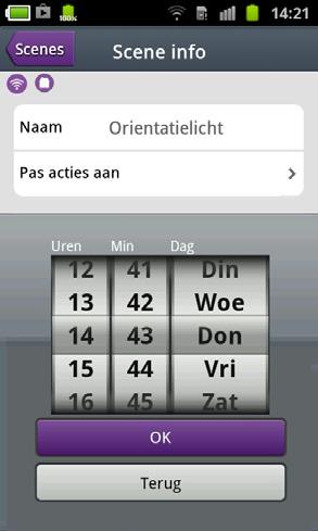 8. Gebeurtenissen via een timer programmeren Hiermee kunt u de gebeurtenis op een gewenst tijdstip starten. In dit voorbeeld komende donderdag om 14:43.