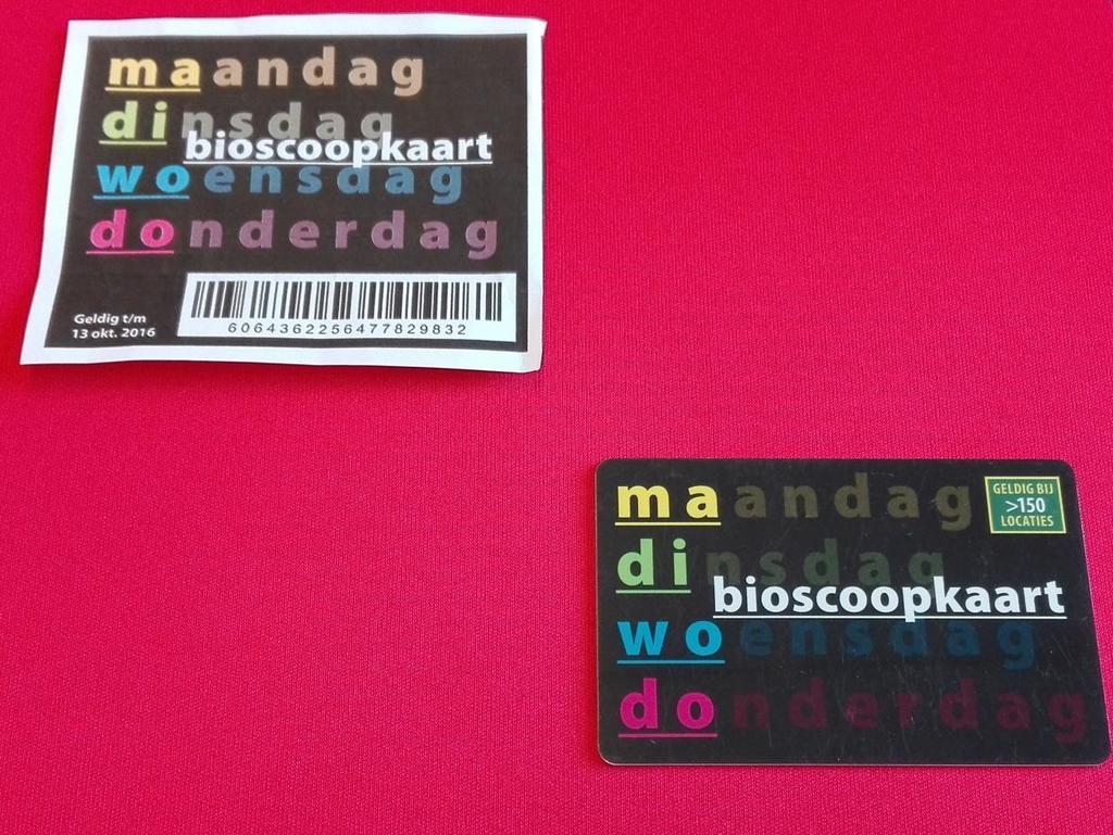 MaDiWoDo bioscoopkaart Voucher of Pasje Innemen als volgt: Denk om geldigheidsdatum (achterkant). Is NIET geldig voor specials. Voor films met een toeslag 0,50 bijbetalen.