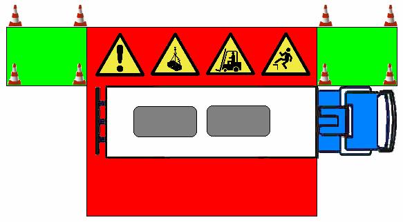 De chauffeur dient zich gedurende het gehele laadproces in de groene veiligheidszone te begeven. Hij de verantwoording neemt voor de lading tijdens het transport (ook bij intern transport).